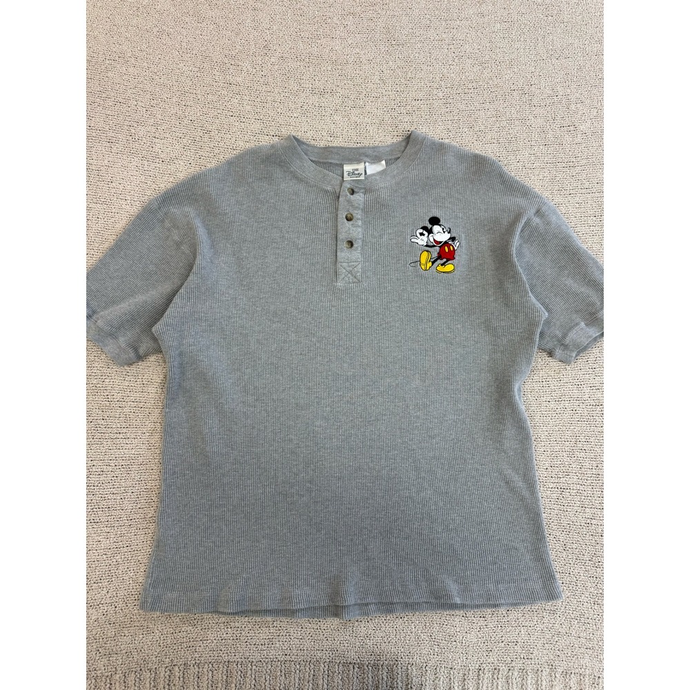 Vintage Disney Store Mickey Mouse Henley Shirt Mens Large Gray Waffle Knit